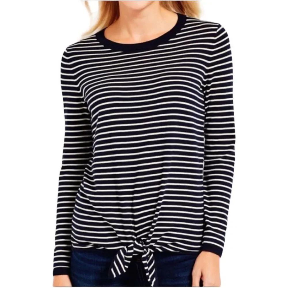 Talbots Striped Tie front Sweater Petite Size Small Blue and White